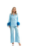 blue satin pants and blouse set